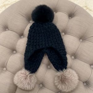 Mischa lampert chunky black knit hat with raccoon Pom pom